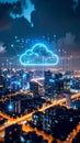 Digital Cloud Computing Over Cityscape at Night with Network Connections Royalty Free Stock Photo