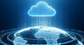 Digital cloud computing over the earth, representing global data storage and network connectivity in a futuristic blue light Royalty Free Stock Photo