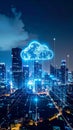 Digital Cloud Computing Over Modern Cityscape at Night with Network Connections Royalty Free Stock Photo
