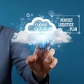 Digital cloud computing and perfect logistics plan interaction with a human finger on a blue background Royalty Free Stock Photo