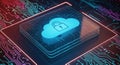 Digital cloud computing security icon with glowing padlock symbol on futuristic circuit board design Royalty Free Stock Photo