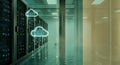 Digital cloud computing symbol descending into a futuristic server room with glowing lights and reflections Royalty Free Stock Photo