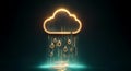 Digital cloud computing symbol with glowing orange outline and data rain on dark background Royalty Free Stock Photo