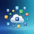 Digital cloud computing technology with connected app icons and play button representing data transfer Royalty Free Stock Photo