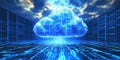 Digital cloud computing technology with glowing data streams and binary code Royalty Free Stock Photo