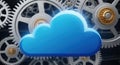 Digital cloud computing technology with interlocking gears symbolizing network infrastructure and data operations Royalty Free Stock Photo