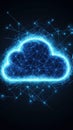 Digital Cloud Computing Technology Network Connection Concept with Bright Neon Blue Cloud Icon and Light Data Link Lines