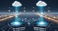 Digital cloud connectivity network technology data transfer concept with glowing lines and devices Royalty Free Stock Photo