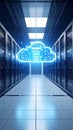 Digital cloud data center server room technology innovation concept with glowing blue cloud Royalty Free Stock Photo