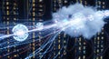 Digital Cloud Data Flow Visualization with Glowing Spheres and Lines Royalty Free Stock Photo
