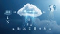 Digital cloud with data streams connecting servers, devices, and a globe in a blue technological background Royalty Free Stock Photo