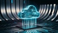 Glowing digital cloud above a circuit board with vertical lines emanating from the cloud Royalty Free Stock Photo