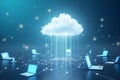 Central cloud distributing digital rain to connected laptops Royalty Free Stock Photo