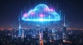 Digital cloud hovers over a modern city skyline at night symbolizing data connectivity Royalty Free Stock Photo