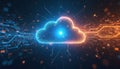 Digital cloud icon glows bright blue in center. Data streams connect digitally on dark background. Futuristic network technology Royalty Free Stock Photo