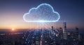 A digital cloud icon hovers over a cityscape during sunset, symbolizing cloud Royalty Free Stock Photo