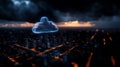 Digital cloud icon over urban skyline at dusk, modern technology concept Royalty Free Stock Photo