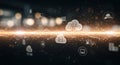 Digital cloud icons and binary code are set against a dark background with a glowing Royalty Free Stock Photo