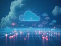 Digital cloud icons hovering over a futuristic network grid