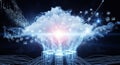Digital cloud with interconnected and binary code streaming from a server base with blue and white light effects Royalty Free Stock Photo
