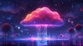 Digital Cloud Raining Data in Neon Cityscape Royalty Free Stock Photo