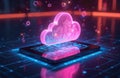 Digital cloud rises above tablet screen showing data circuits. Neon pink glow illuminates abstract cyber city inside cloud shape. Royalty Free Stock Photo