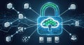 Digital cloud security network protecting data assets with a central lock and interconnected system elements Royalty Free Stock Photo