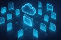 Digital cloud storage network with glowing folders and documents connected by lines on a grid cloud computing Royalty Free Stock Photo