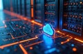 Digital cloud symbol on circuit board near server racks. Data transfer concept, IT infrastructure evolution, abstract tech Royalty Free Stock Photo