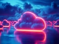 A digital cloud symbolizing modern technology connects data circuits with glowing lights, in the neon background. Generative Ai Royalty Free Stock Photo