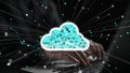 Digital cloud technology concept with glowing data connections over a laptop keyboard, representing cloud computing and Royalty Free Stock Photo