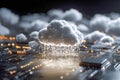 Digital cloud technology concept with glowing cloud and data rain over circuit board Royalty Free Stock Photo