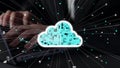 Digital Cloud Technology Concept with Hands Typing on Laptop Surrounded by Data Flow and Connectivity Symbols for Royalty Free Stock Photo