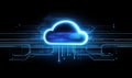 Digital cloud technology with glowing blue lines and circuit patterns representing data transfer and connectivity Royalty Free Stock Photo