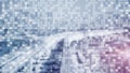 Digital code on blur city background. Abstract Binary code Royalty Free Stock Photo