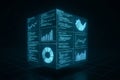 Digital code cube with data visualization and graphs in futuristic space concept of technology, analytics, information display, 3d Royalty Free Stock Photo