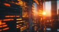 Digital code data flowing across a screen during sunset Royalty Free Stock Photo