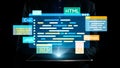 Digital Code Display with Programming Languages on Screen by Businessperson in Dark Environment for Web Development Royalty Free Stock Photo