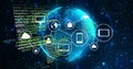 Digital code and icons image over rotating globe and network connections Royalty Free Stock Photo