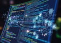 Digital Code Programming Screen with Data Visualization and Abstract Technology Icons Royalty Free Stock Photo