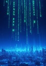 Digital Code Rain Over Futuristic Cityscape Royalty Free Stock Photo