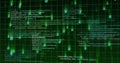 Digital code text streaming in virtual grid, with bits, neon-green grids and hexadecimal overlays Royalty Free Stock Photo