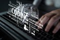 Digital Coding and Programming Concept with Hands Typing on Keyboard and Technical Terms Like Data Structure and Error Royalty Free Stock Photo