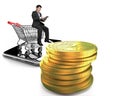 Digital coin with man sitting on shopping cart and smartphone.