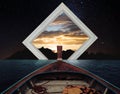 Digital collage art, wooden boat journey to another world on ocean