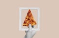 Digital collage, Hand holding slice of pizza