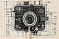 digital collage of mechanical schematics and ascii text overlapp