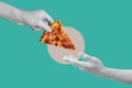 Digital collage modern art. Hand giving and receiving slice of cheese pizza