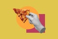 Digital collage modern art. Hand holding slice of cheese pizza