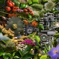 A digital collage of nature and technology, with natural elements fused with mechanical components, blending the organic and the